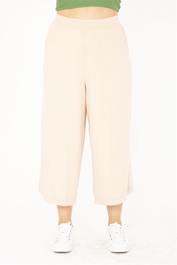 Kadın Büyük Beden Bej Geniş Paçalı Beli Lastikli Yan Cepli Viskon Pantolon 65N36807