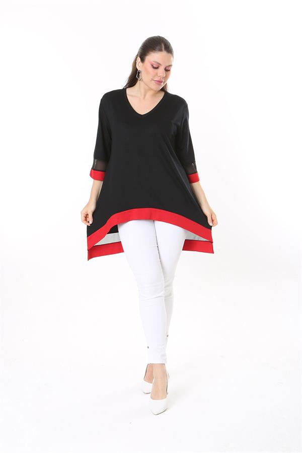 Kadın Büyük Beden Kemik Kol Ve Etek Ucu Tül Ve Garni Detaylı V Yakalı Arkası Uzun Tunik 65N37681