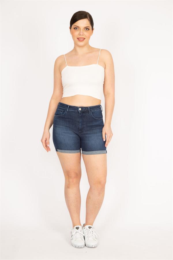 Kadın Lacivert Büyük Beden 5 Cepli Skinny Kot Şort