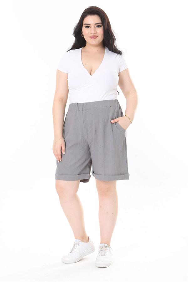 Kadın Büyük Beden Gri Bürümcük Kumaş Beli Lastikli Yan Cepli Şort 65N37979