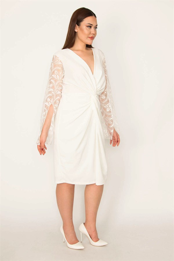 ROBE DE SOIRÉE DOUBLÉE POUR FEMME AVEC CHEMISE À BRAQUAGE ET MANCHES À DÉTAILS EN DENTELLE