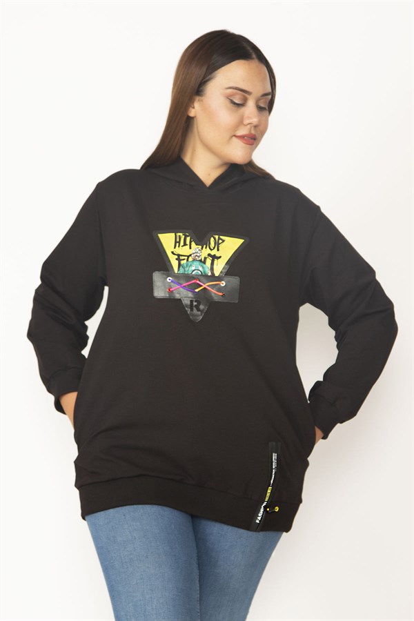 Women's Black Digital Print and Hooded Detailed Side Pocket Sweatshirt 65N30090