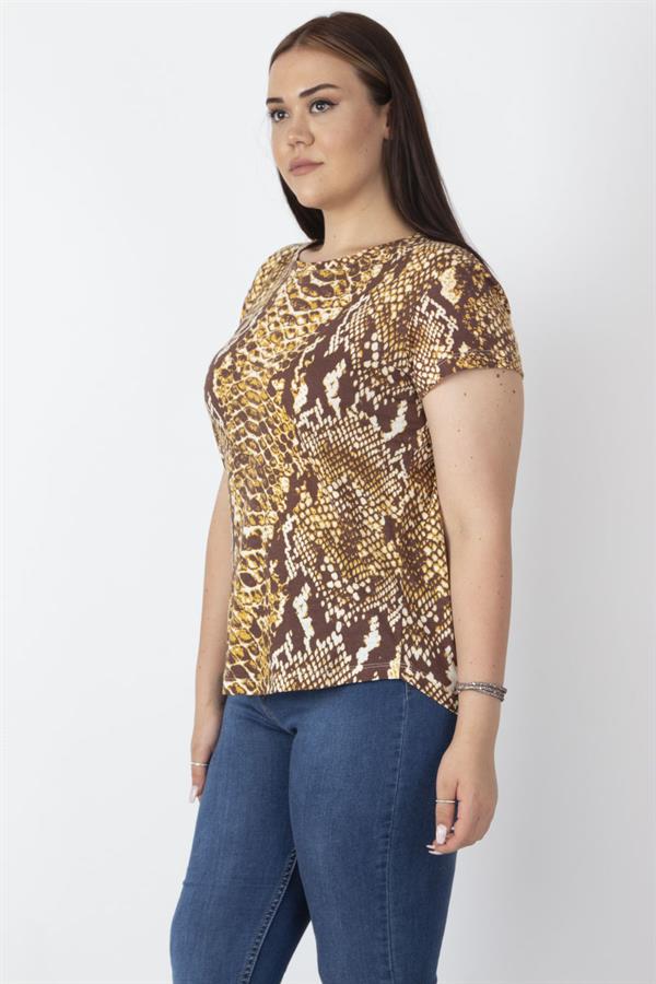 Women's Brown Crew Neck Basic Patterned T-Shirt 65N16888