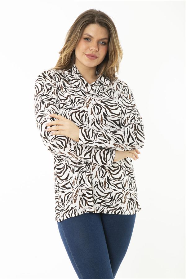 Kadın Büyük Beden Renkli Boğazlı Yaka Uzun Kollu Bluz 65N37145