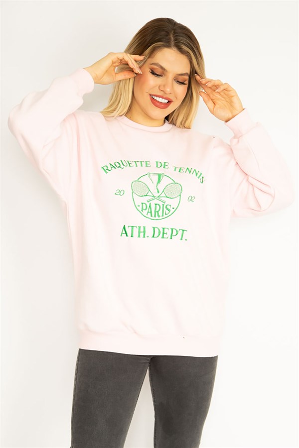 Kadın Pembe 3 İplik İçi Şardonlu Polar Nakışlı Sweatshirt 65N35073