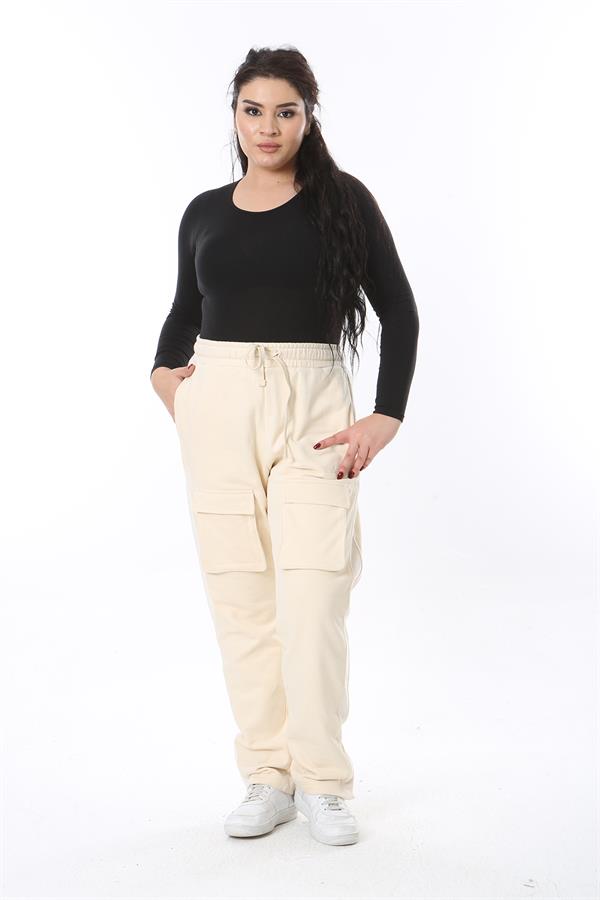 Kadın Büyük Beden Bej Cep Ve Yan Paça Çıtçıt Düğme Detaylı Spor Pantolon 65N38676