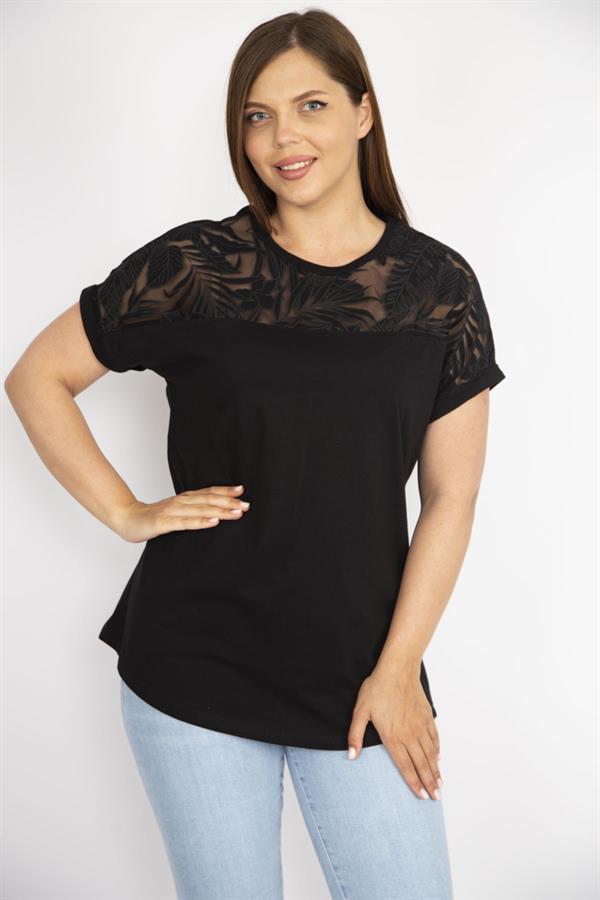 Kadın Beyaz Büyük Beden Pamuk Kumaş Robası Tül Aplike Uzun Bluz