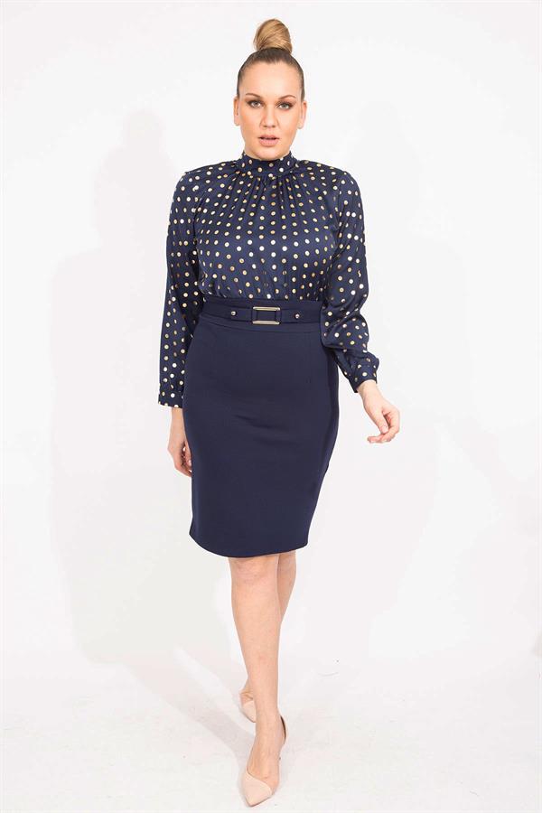 KADIN LACİVERT PUAN DESENLİ BELİ KEMERLİ ELBİSE