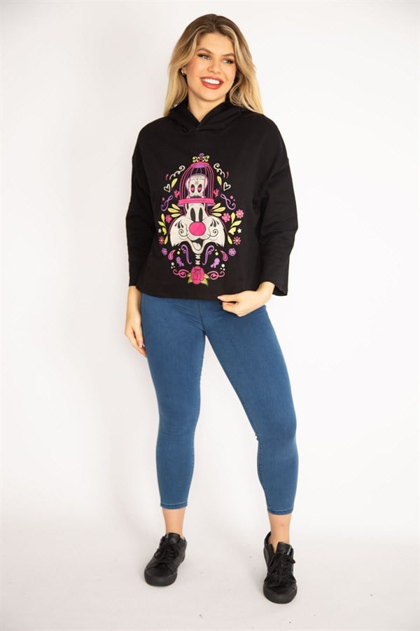 Kadın Siyah Dijital Baskılı Kapşonlu Sweatshirt 65N35083