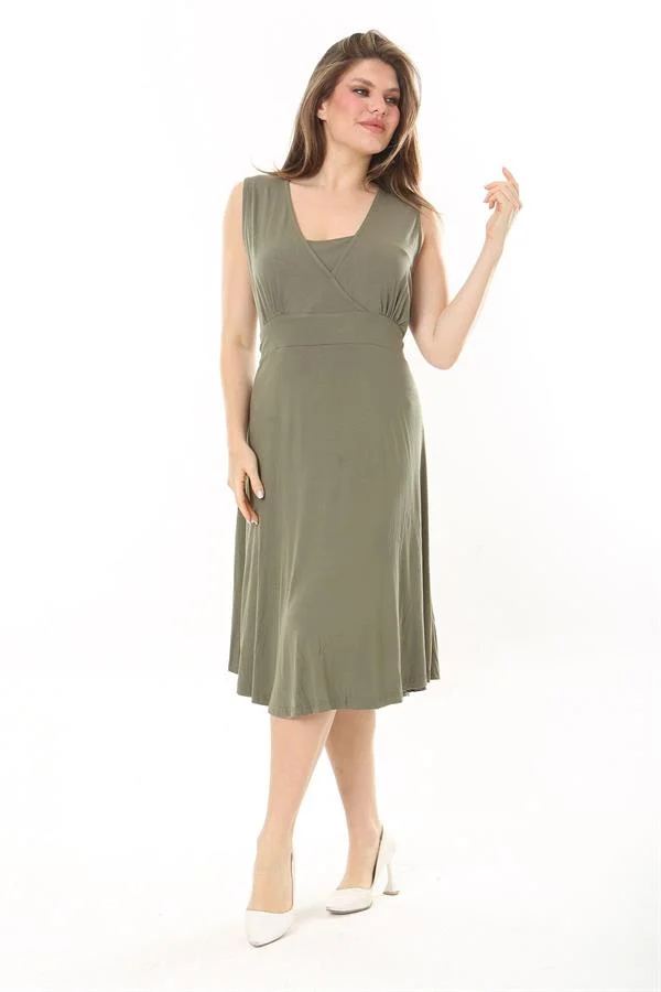 Kadın Haki Anvelop Yakalı Arka Bel Lastikli Kolsuz Likralı Viskon Elbise 65N37872