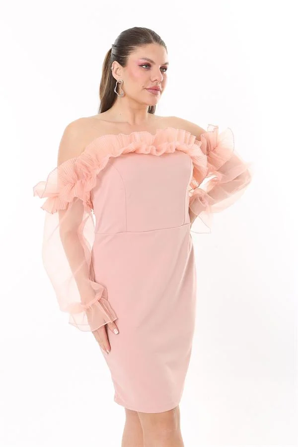 Kadın Büyük Beden Somon Yaka Ve Kolları Organze Elbise 65N37740