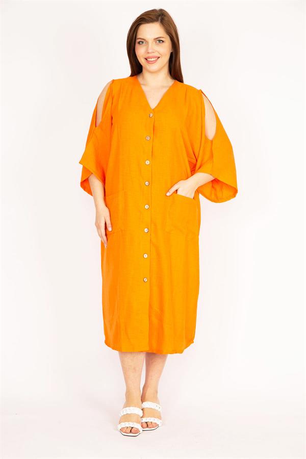 Kadın Camel Büyük Beden Omuz Dekolteli Ön Düğmeli Elbise