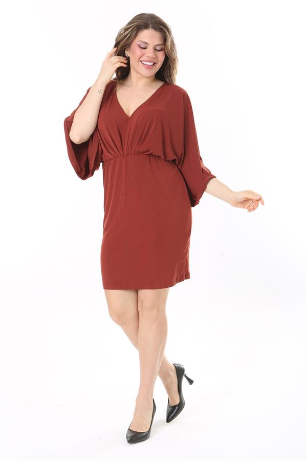 Kadın Büyük Beden Taba Yarasa Kol Bel Kısmı Lastikli Kuşaklı Elbise 65N37987