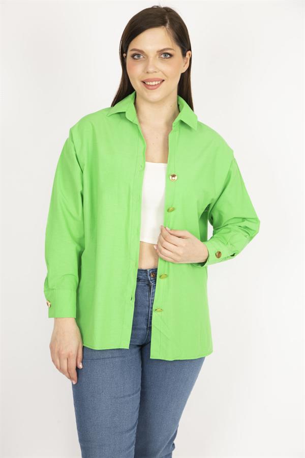 Kadın Lila Büyük Beden Metal Düğmeli Manşetli Gömlek