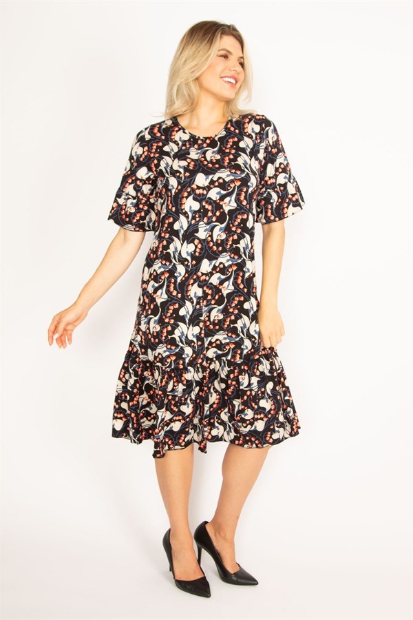 Kadın Renkli Volan Kollu Etek Ucu Katlı Elbise 65N34446