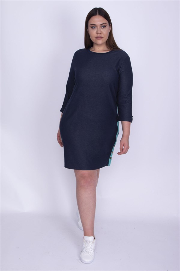 Kadın Lacivert Tensel Kot Yanları Metal Düğme Yırtmaçlı Yan Şeritli Elbise 65N25966