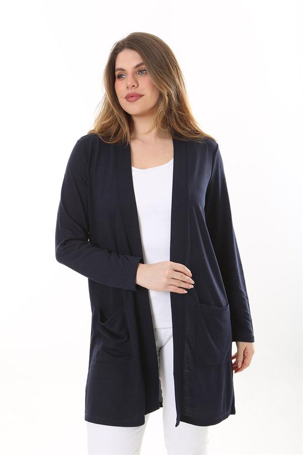 Kadın Büyük Beden Lacivert Ön Cepli Hırka 65N37600