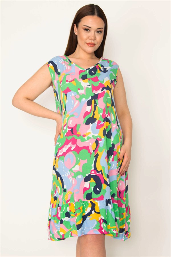 KADIN RENKLİ DOKUMA VİSKON KUMAŞ V YAKA ETEĞİ KATLI RENKLİ ELBİSE