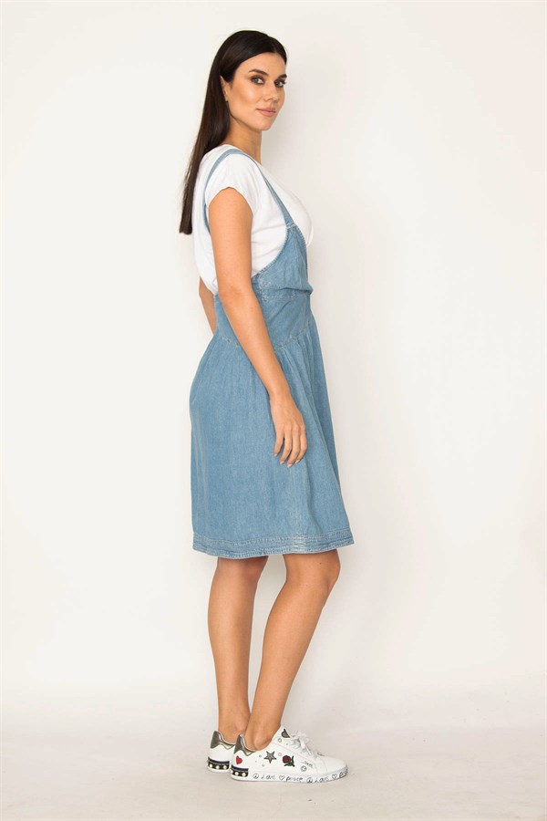 KADIN MAVİ ASKILI ANVELOP KOT ELBİSE