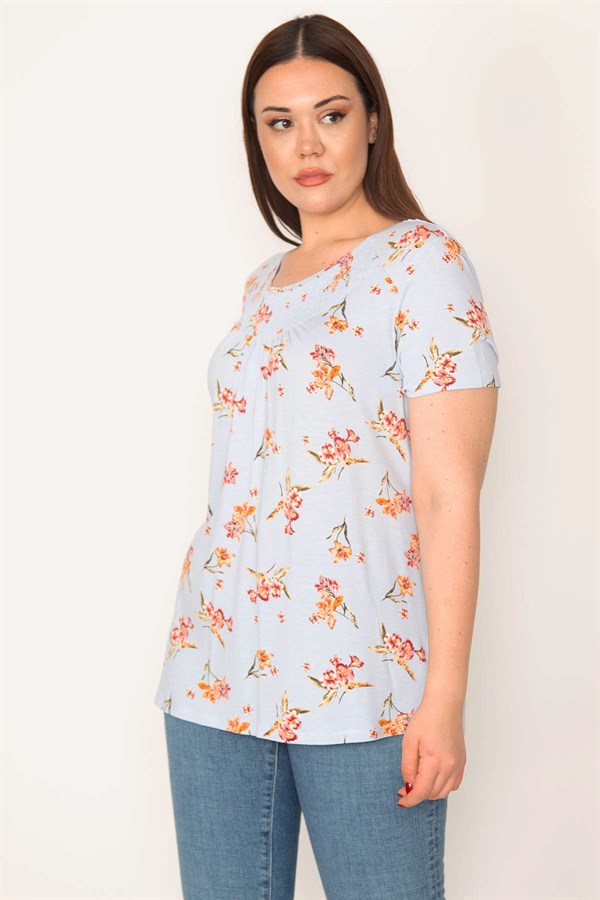 KADIN MAVİ YAKASI GİPE LASTİKLİ KISA KOLLU TUNİK