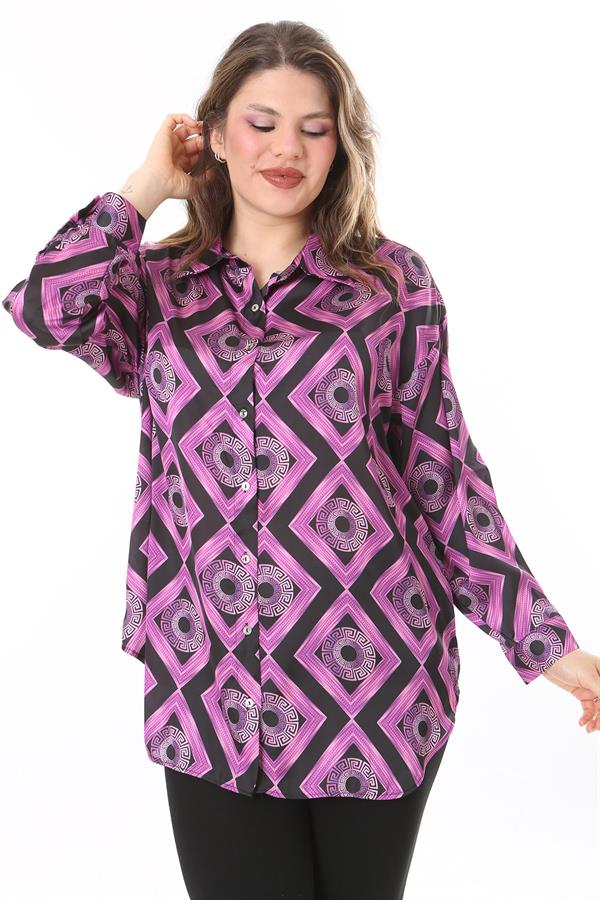 Kadın Büyük Beden Pembe Ön Düğmeli Saten Bluz 65N38017