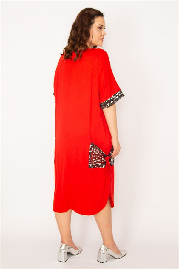 Kadın Kırmızı Cep Ve Kolu File Detaylı Taş Baskılı Viskon Elbise 65N33166