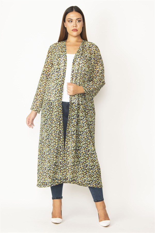 Kadın Kırmızı Şifon Kumaş Desenli Uzun Hırka 65N28497