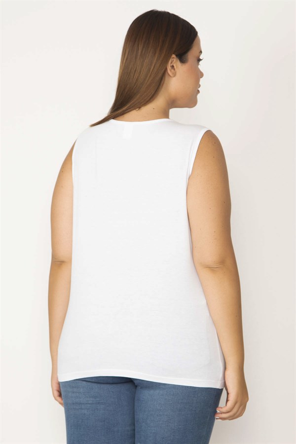 Kadın Beyaz Pamuklu Kumaş Bisiklet Yaka Kolsuz Bluz 65N27624