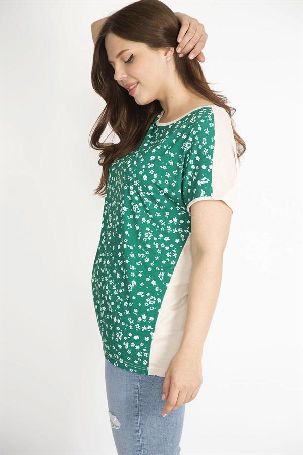 Kadın Yeşil Büyük Beden Ön Desenli Düşük Kollu Bluz