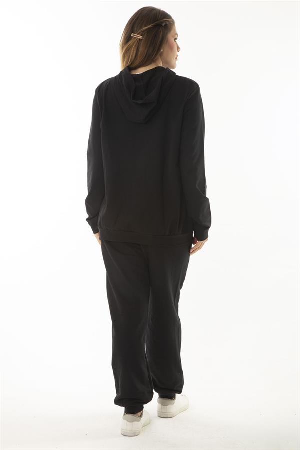 Kadın Büyük Beden Siyah Kanguru Cep Ve Kapşonlu Sweatshirt Pantolon İliki Takım 65N37053