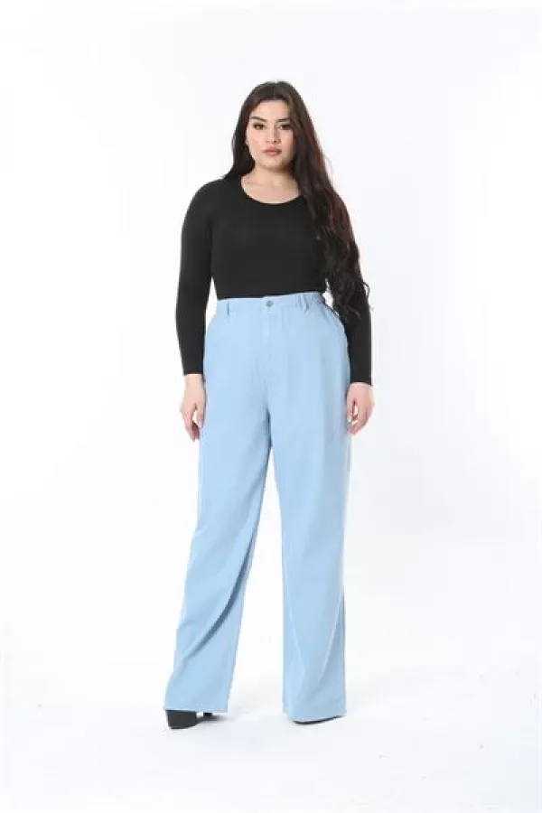 Kadın Büyük Beden Mavi Yüksek Bel Kargo Cepli Geniş Paçalı Kot Pantolon 65N38896