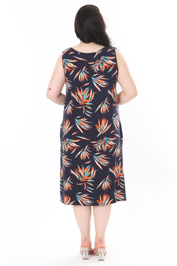 Kadın Büyük Beden Renkli Bisiklet Yakalı Göğüs Pileli Kolsuz Uzun Elbise 65N37946