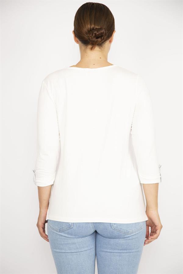 Kadın Büyük Beden Beyaz Sim Detaylı Öpücük Yakalı Kapri Kollu Bluz