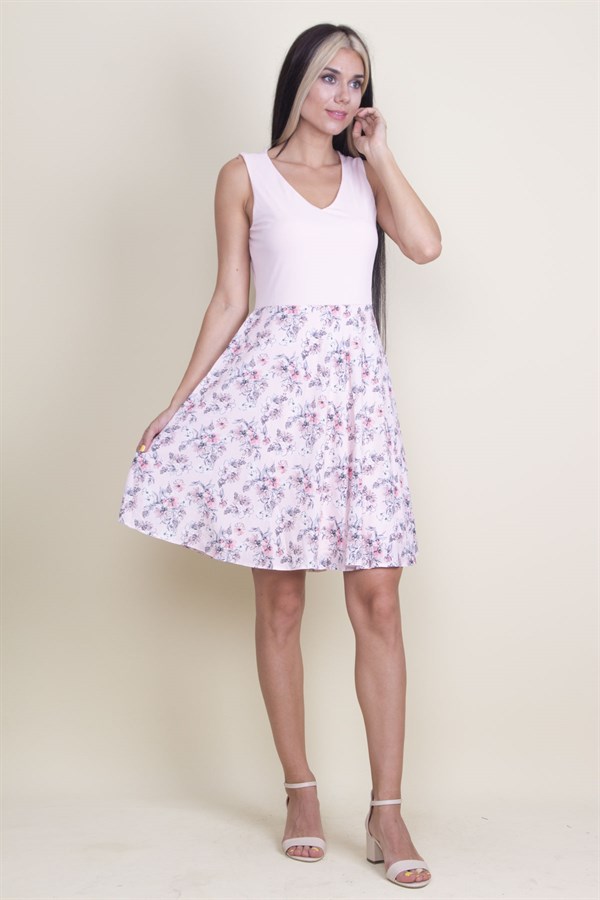 ETEK KISMI DESENLİ V YAKALI ASTARLI ELBİSE