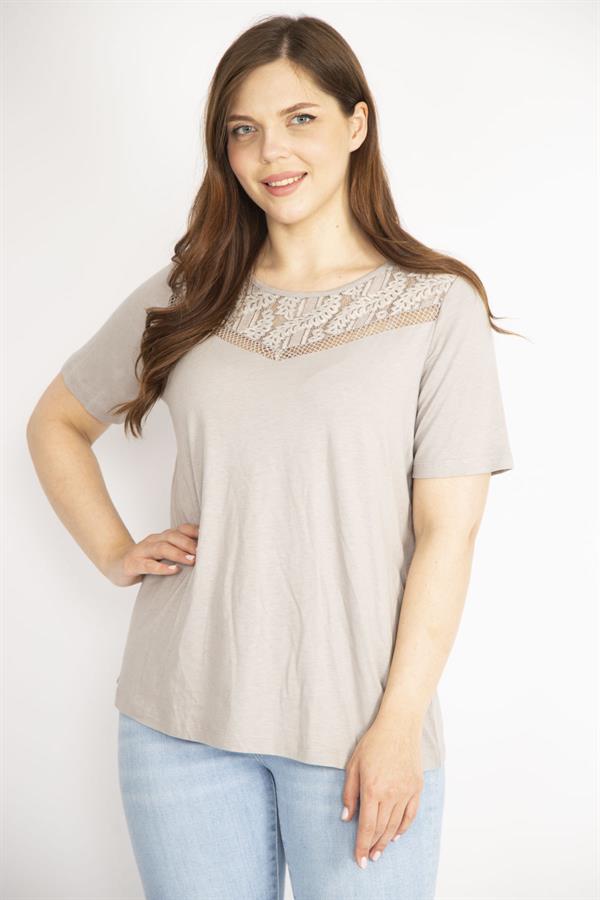 Kadın Vizon Büyük Beden Yakası Dantel Detaylı Kısa Kollu Bluz