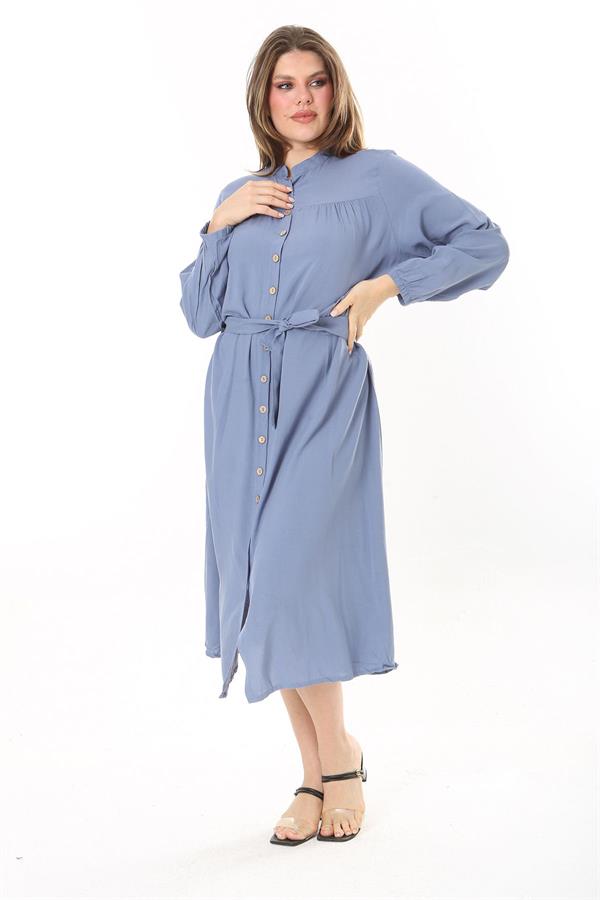 Kadın Lacivert Ön Düğmeli Roba Büzgülü Uzun Kuşaklı Elbise 65N37882
