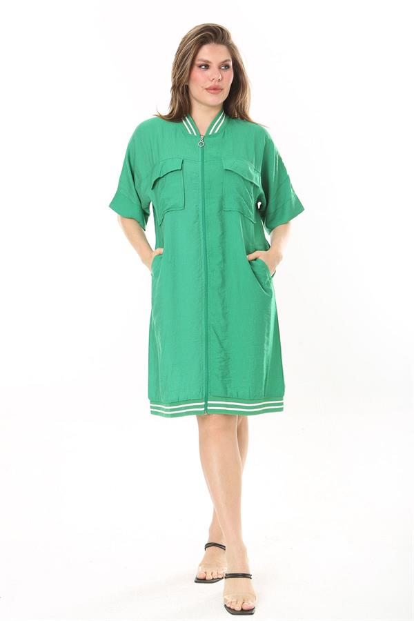 Kadın Büyük Beden Nar Ön Fermuarlı Ribana Detaylı Aerobin Kumaş Elbise 65N37880