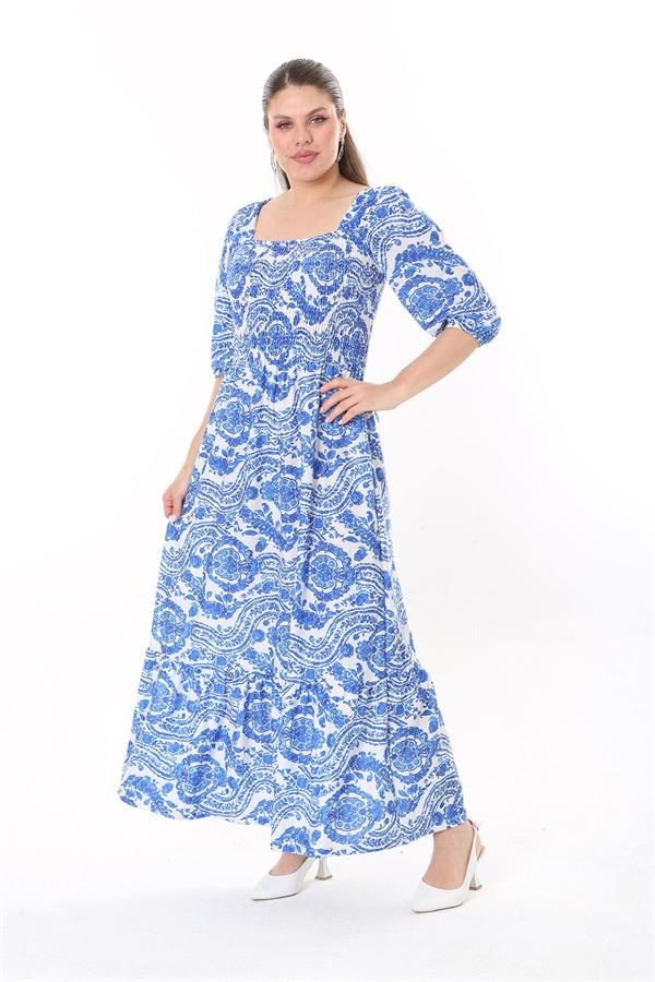 Kadın Büyük Beden Mavi Göğüs Kısmı Gipe Lastikli Etek Ucu Katlı Uzun Elbise 65N37737