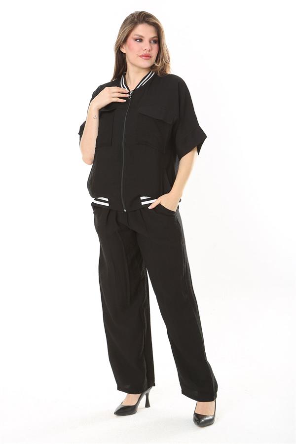 Kadın Büyük Beden Nar Ön Fermuarlı Ribanalı Tunik Ve Pantolon İkili Takım 65N37877