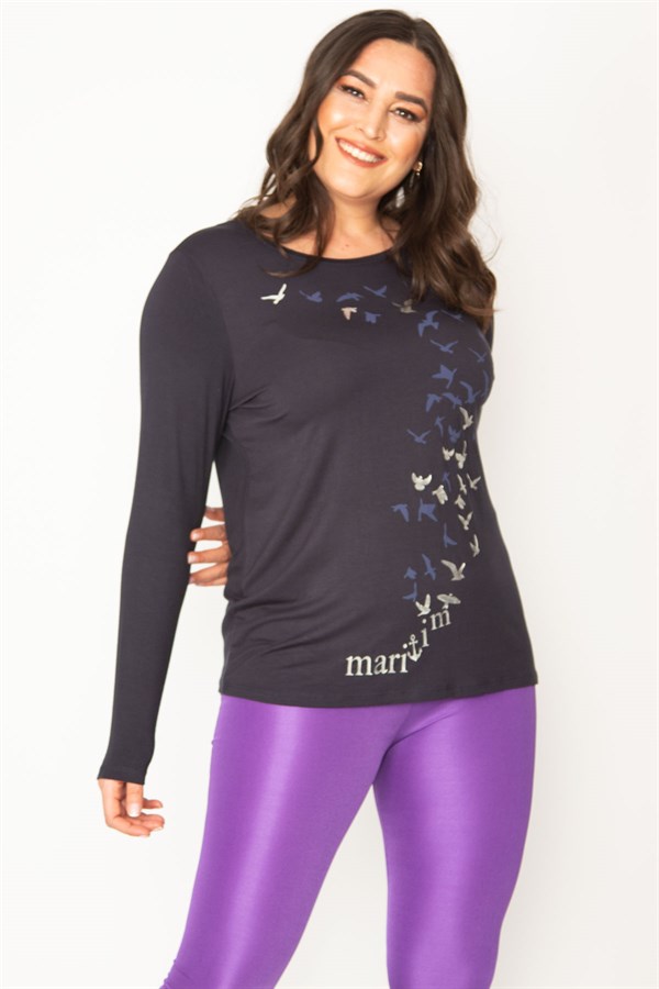 Kadın Lacivert Baskı Detaylı Viskon Bluz 65N30457