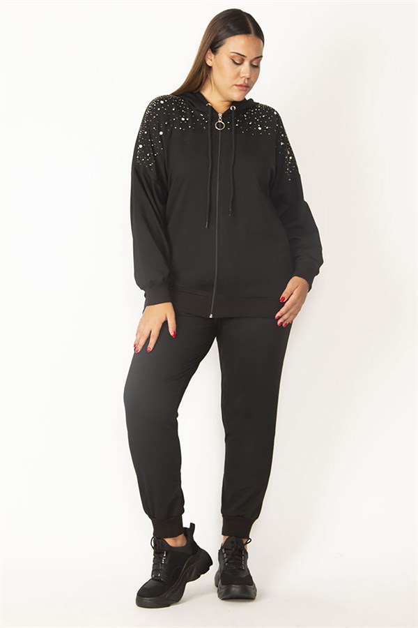 Kadın Siyah Ön Fermuarlı Taş Detaylı Kapşonlu Sweatshirt Pantolon Takım 65N28091