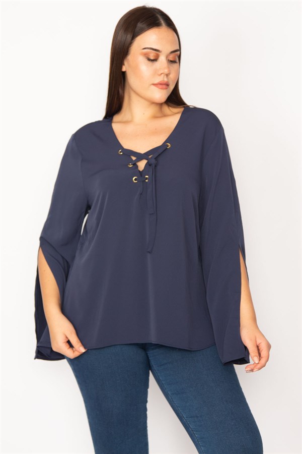 WOMEN'S WHITE COLLAR STRIPED BLOUSE WITH EYELET LACE DETAIL AND SLEEVE SLIT