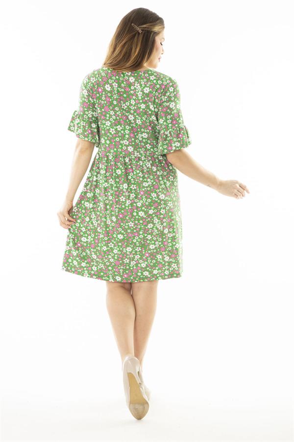 Kadın Büyük Beden Yeşil Kol Ağzı Volanlı Belden Büzgülü Çiçek Desenli Elbise 65N37079