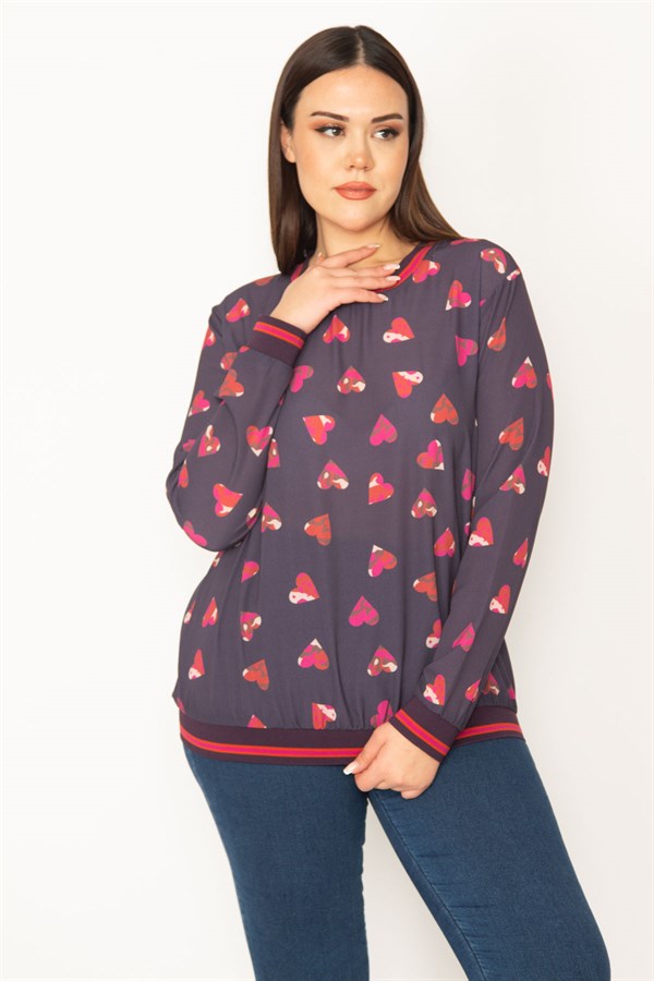 KADIN RENKLİ KALP DESENLİ RİBANALI BLUZ