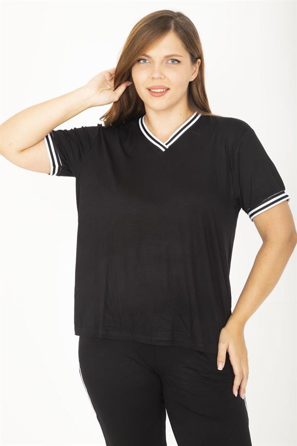 Kadın Büyük Beden Lacivert Ribanall Kısa Kollu Bluz Pantolon Eşofman Takım 65N36811