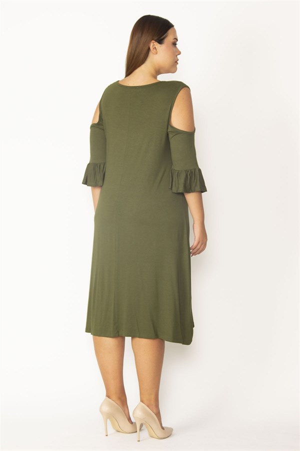 Kadın Haki Omuz Dekolteli Göğüs Büzgü Ve Kol Volan Detaylı Viskon Elbise 65N27447