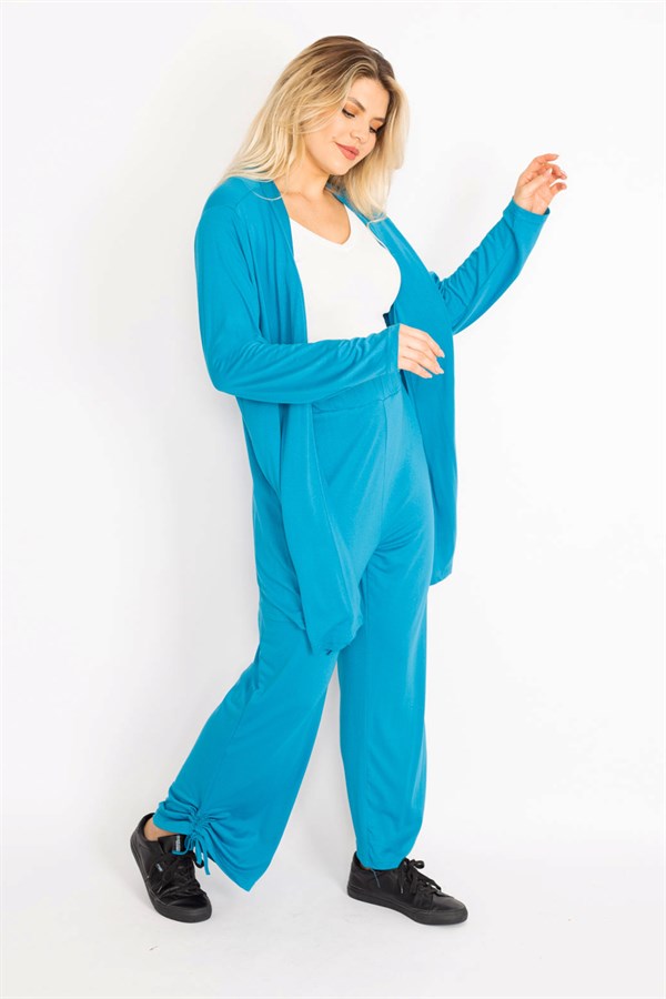 Kadın Mavi Yan Bağcık Detaylı Hırka Pantolon Takım 65N34906