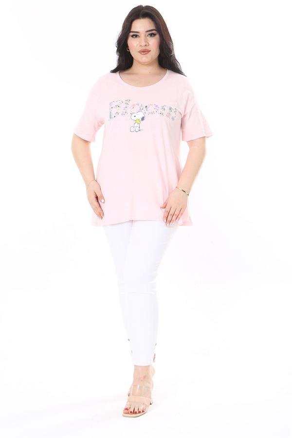Kadın Büyük Beden Pembe Pamuk Kumaş Ön Baskılı Kısa Kollu Bluz 65N38014