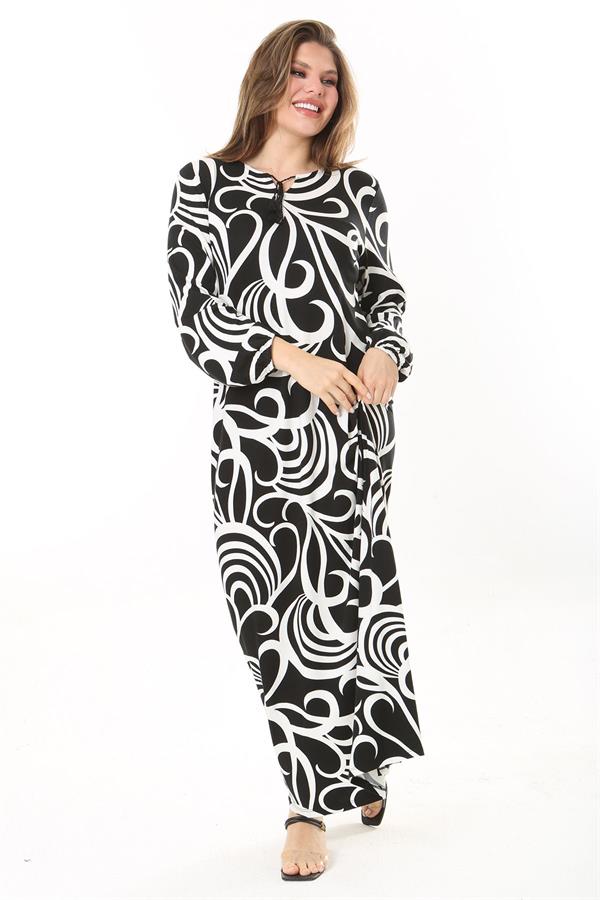 Kadın Büyük Beden Kahve Yaka Bağcıklı Uzun Kollu Maksi Boy Elbise 65N37866