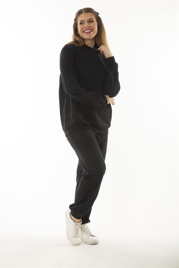 Kadın Büyük Beden Siyah Kanguru Cep Ve Kapşonlu Sweatshirt Pantolon İliki Takım 65N37053